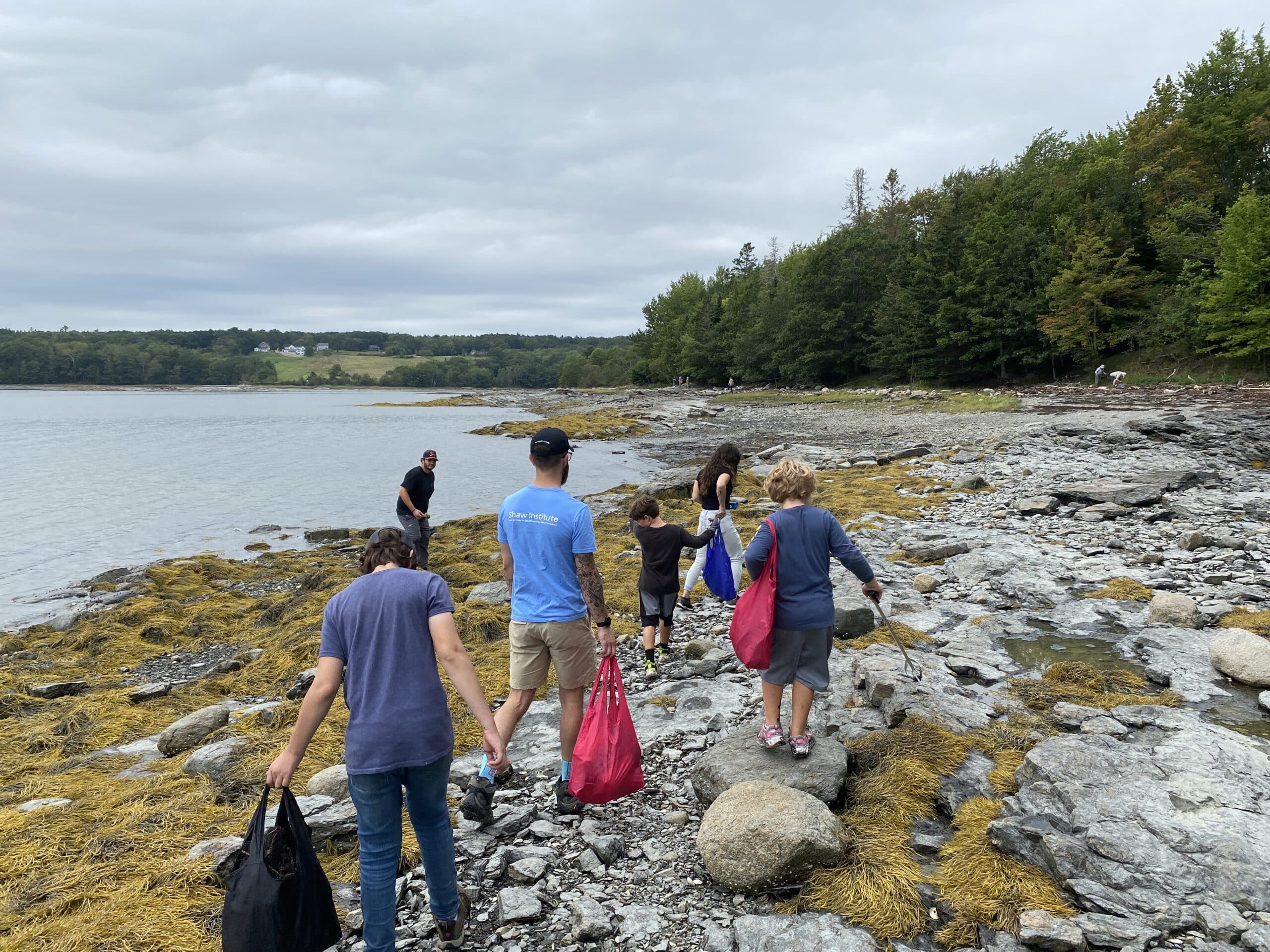A group of people along the shoreline of a beach collecting trash in resuable bags