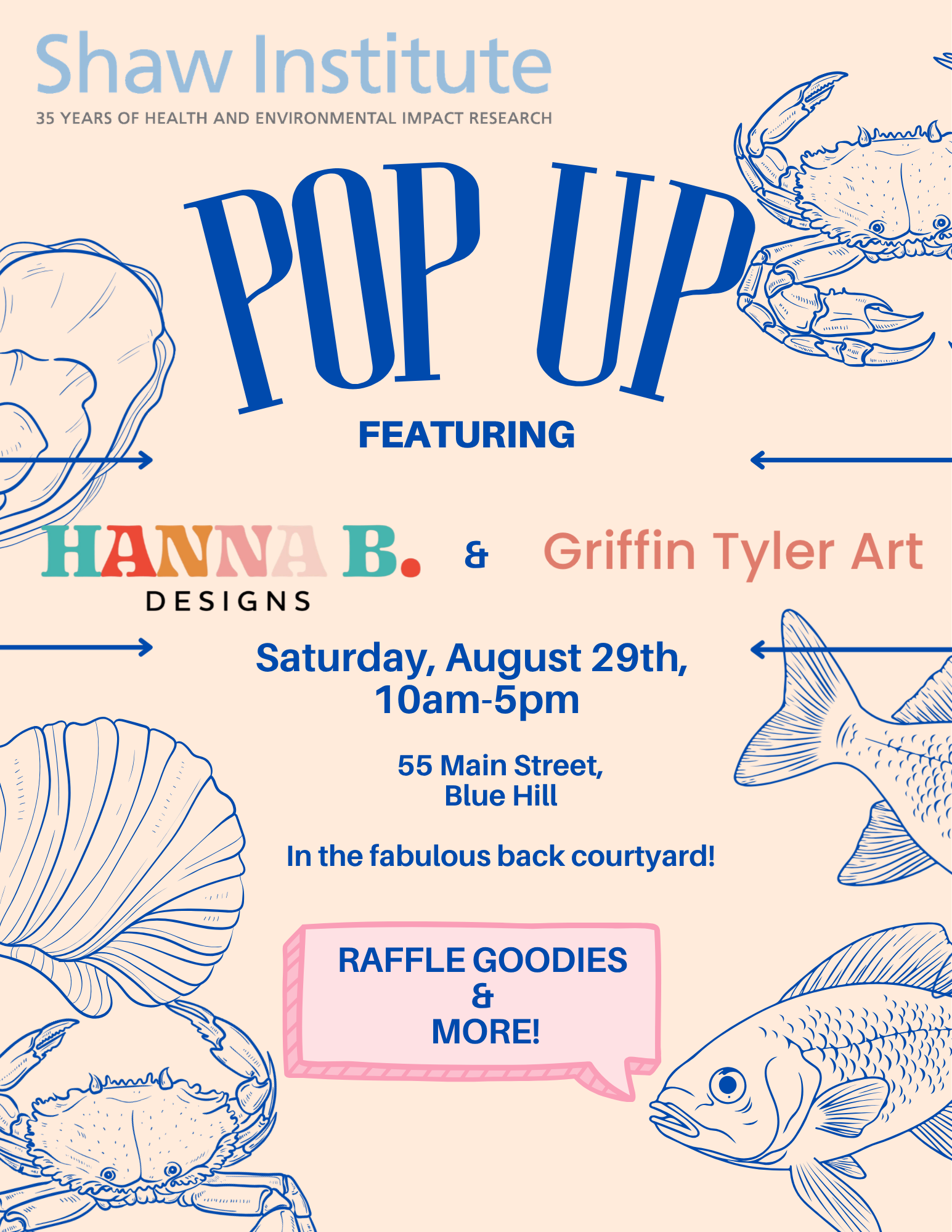a graphic depicting a pop up shop with Hanna B and the Shaw Institute on August 29, 2026