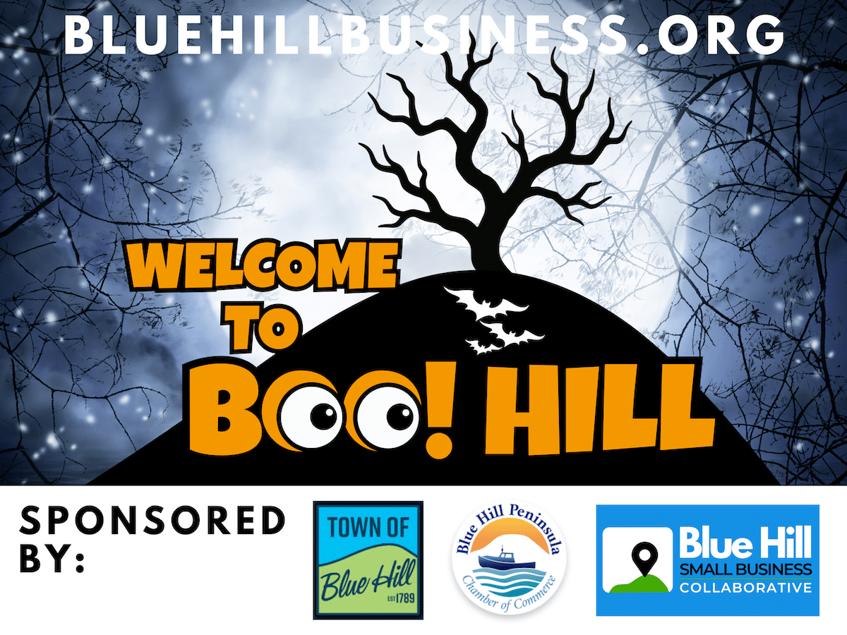 A sign announcing Boo Hill, a Halloween Event in Downtown Blue Hill, Maine.