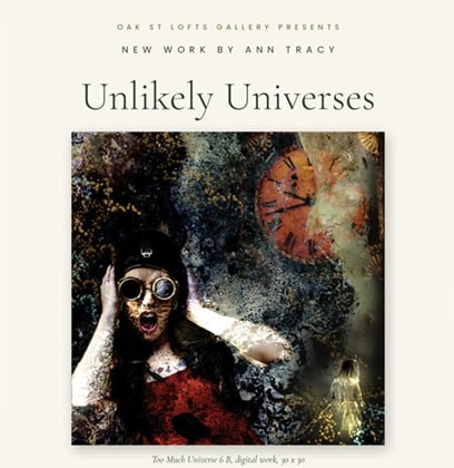 An announcement for Unlikely Universes: A Digital Art Exhibition in Portland, Maine.